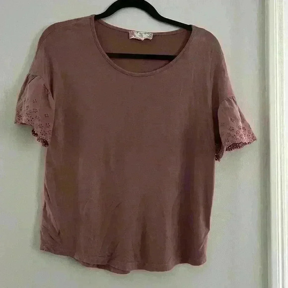 Womens Pink Rose Shortsleeve Eyelet Mauve Stretchy Dressy Casual Blouse - Picture 1 of 3